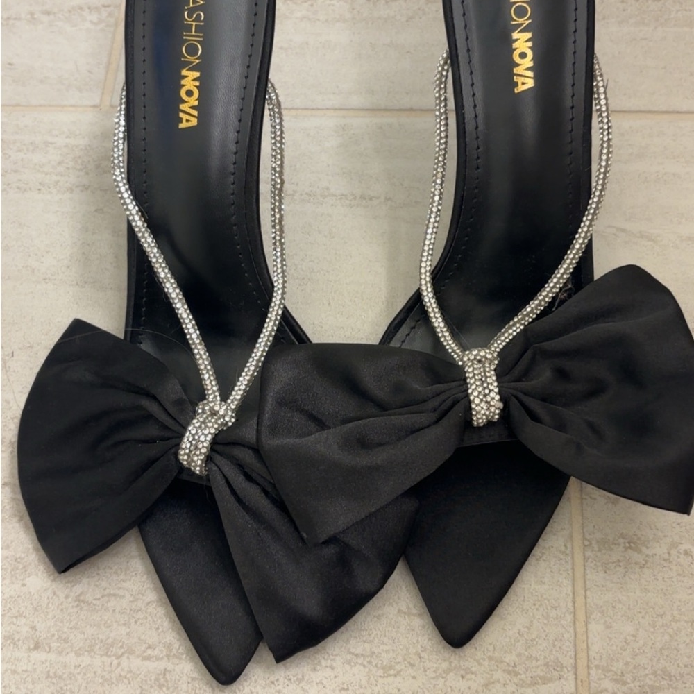 Fashion Nova Black Heels with Bow and Rhinestone Detail